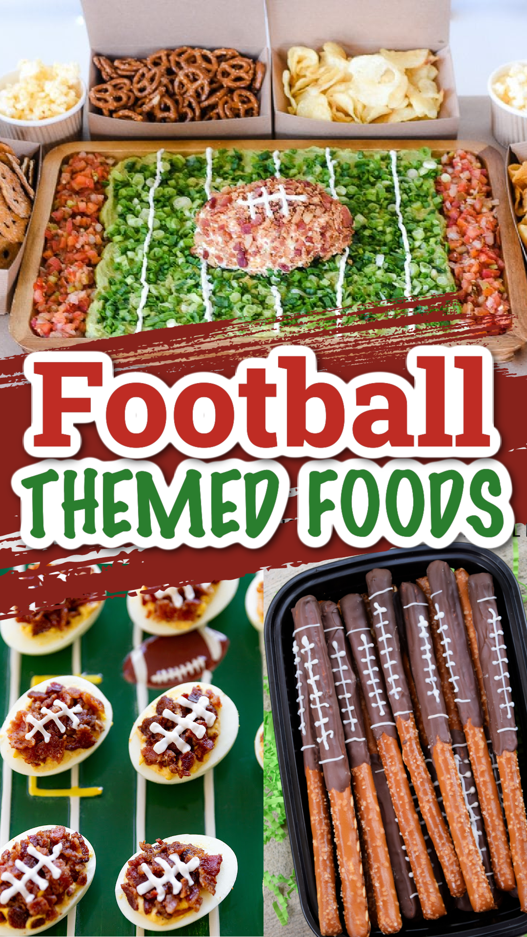 A collage of football themed and football shaped food recipes for game day, the Super Bowl and football themed parties.