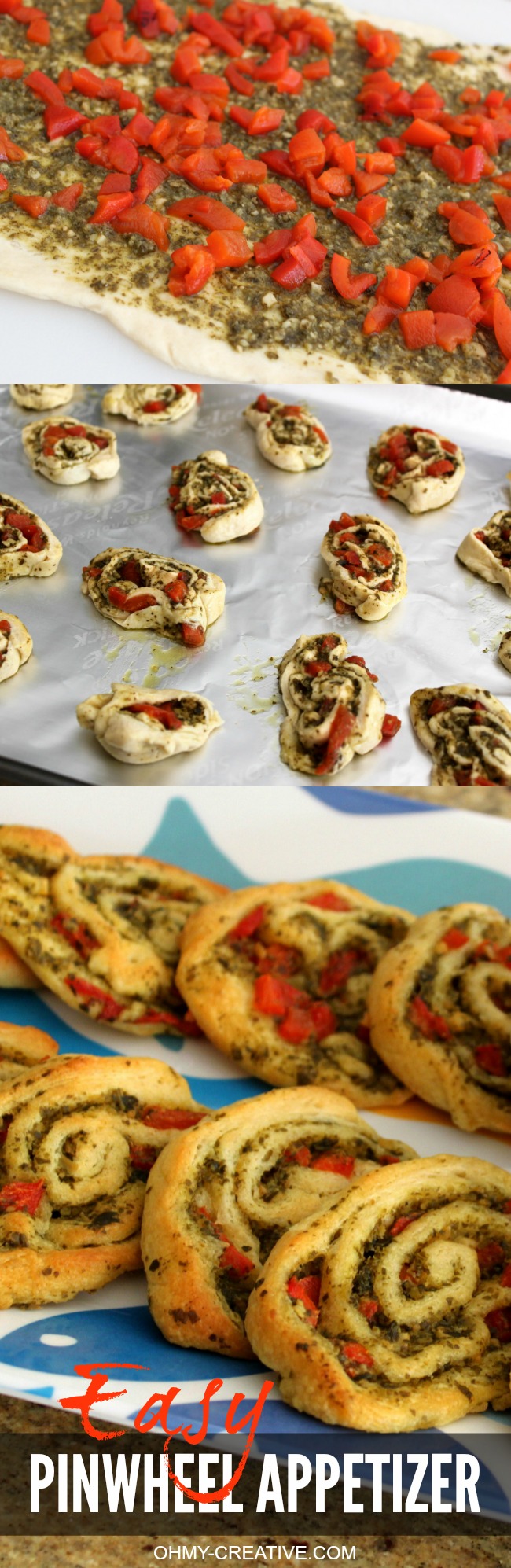 With just a few ingredients this Party Pesto Pinwheel recipe is easy to put together in a pinch - friends will love it! | OHMY-CREATIVE.COM #pestopinwheelappetizer #pinwheelappetizer #appetizer #pesto