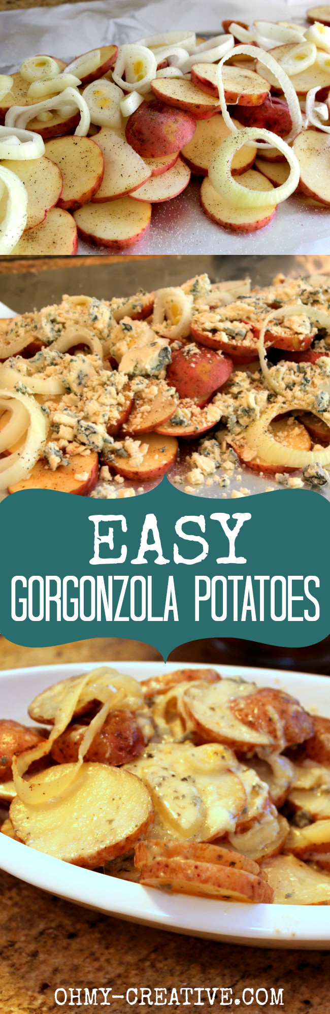 This Easy Gorgonzola Potatoes is one of my favorite side dishes! Quick to prepare, wrap in foil and pop them in the oven. Gooey cheese goodness! | OHMY-CREATIVE.COM