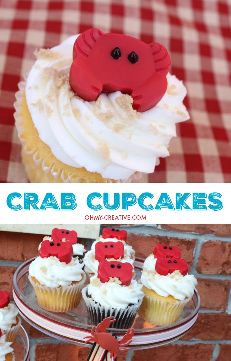 Easy to make chocolate candy crab cupcakes. Adorable for summer parties! OHMY-CREATIVE.COM | crab cupcakes recipes | crab cupcake toppers | Beach cupcakes | #dessert #cupcakes #beach 