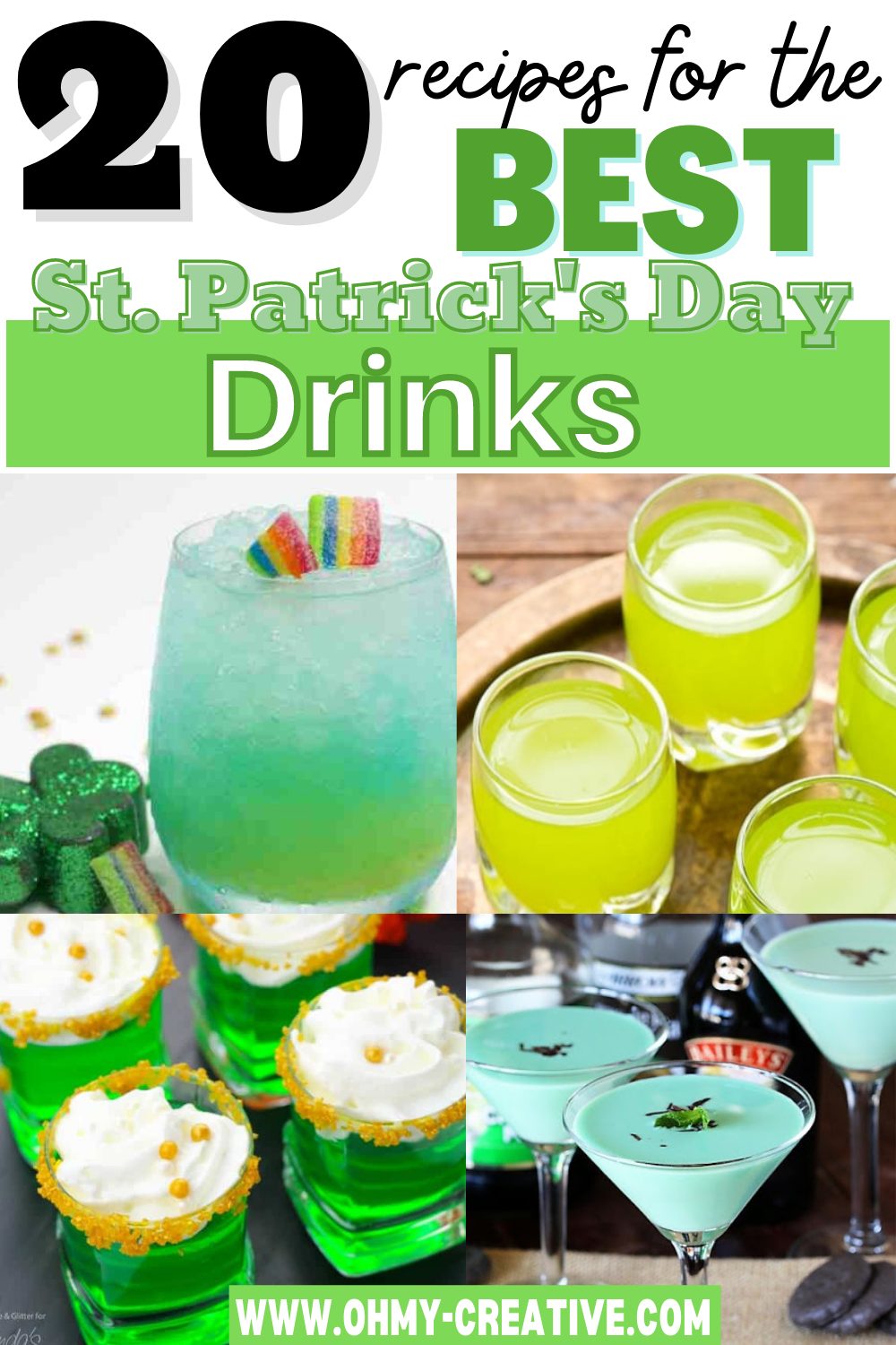 St Patrick's Day Drinks featuring green cocktails, green boozy shakes, green jello shots, and more.