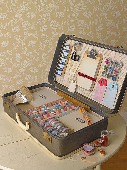 Vintage Suitcase Craft Supply Organizer included in these 20 DIY Vintage Suitcase Projects and Repurposed Suitcases. Create unique home decor using repurposed old suitcases! | OHMY-CREATIVE.COM 