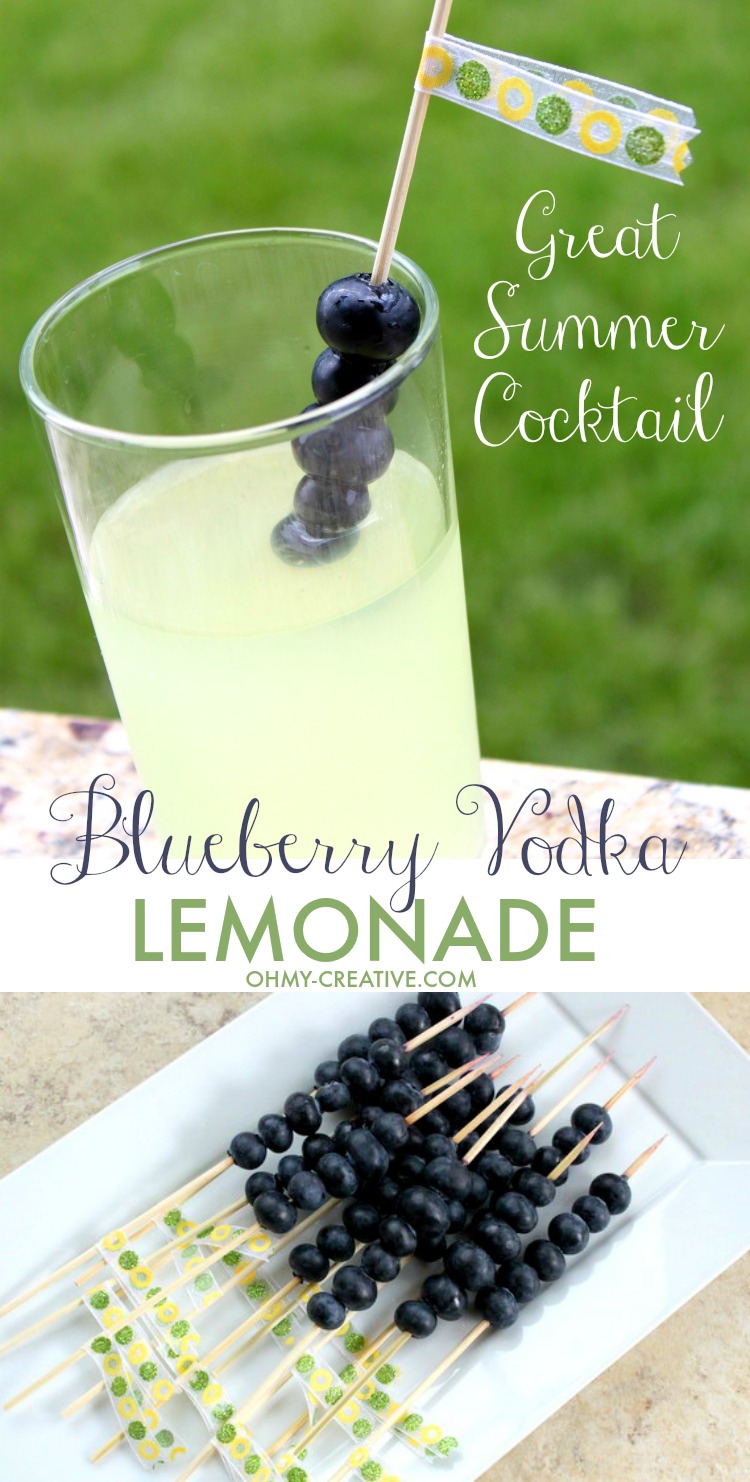 This Blueberry Vodka Lemonade is a light and delicious Summer Cocktail! Dress it up with Blueberry Skewers decorated with pretty party ribbons! | OHMY-CREATIVE.COM