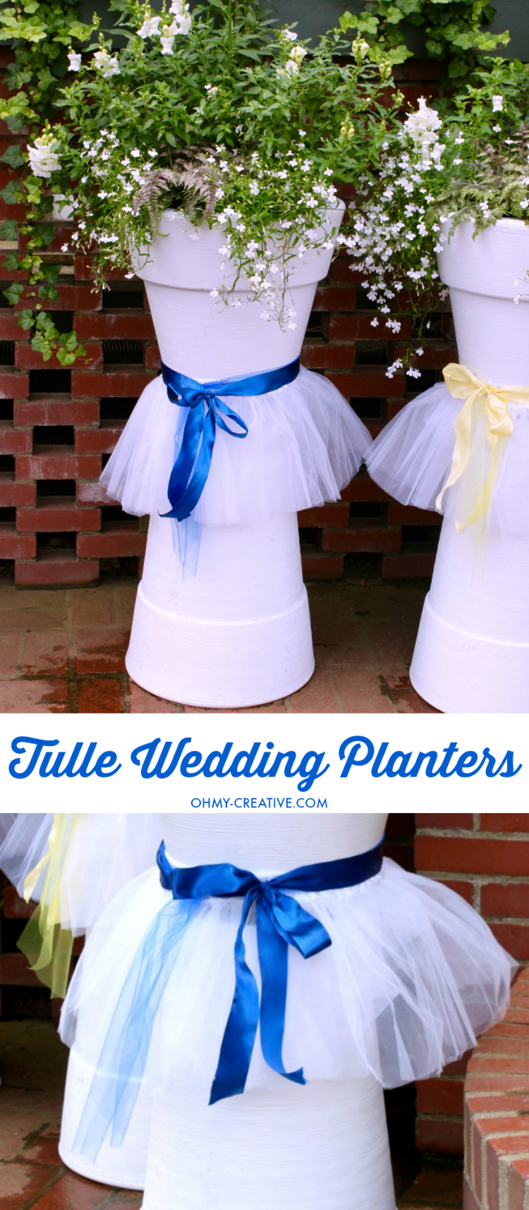 How adorable are these Tulle DIY Wedding Flower Pots for Weddings, Bridal Showers or other Spring or Summer events! Easy to make with white painted flower pots, ribbon and tulle! A great tulle tutu planter! | OHMY-CREATIVE.COM