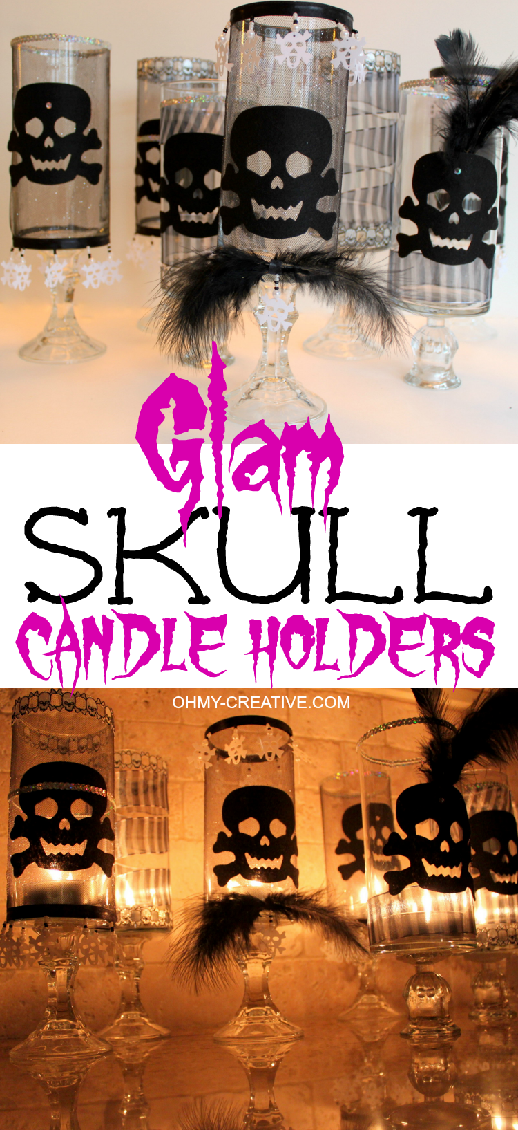 These Glam Halloween Skull Candle Holders are a perfect dollar store Halloween craft! With a few additional Halloween trims you can add a spooktacular glow to any party!  |  OHMY-CREATIVE.COM