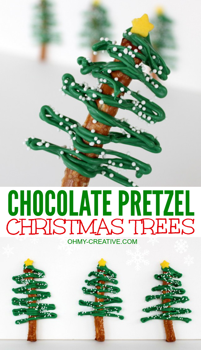 These fun Chocolate Pretzel Christmas Trees are fun to make for any holiday party | OHMY-CREATIVE.COM | Chocolate Tree | Chocolate Pretzels | Chocolate Covered Pretzels | Pretzel Trees 