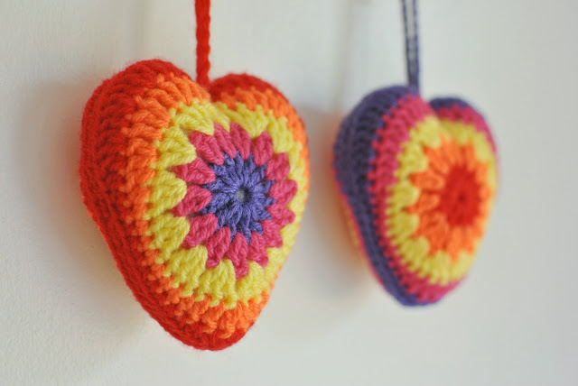 Padded crocheted hanging hearts