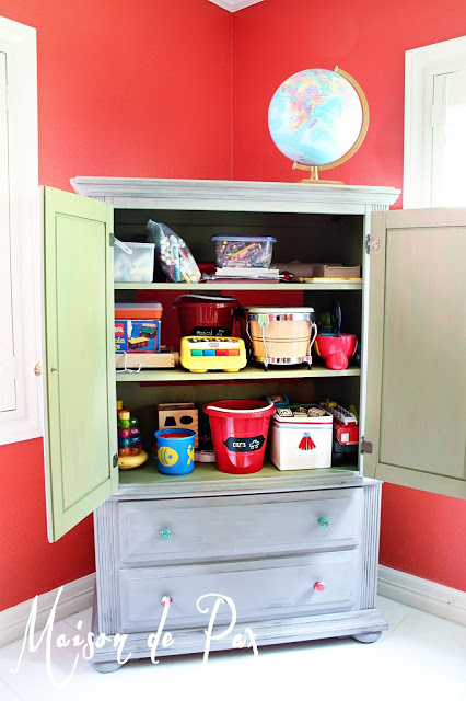 Upcycle gray armoire toy storeage