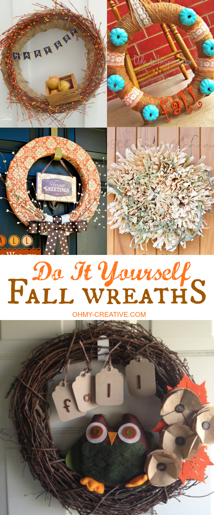 Fall is the perfect time to decorate the front of the house. Start with one of these creative Do It Yourself Fall Wreaths for the front door, add a few pots of mums and pumpkins and have a beautiful display to welcome guests! | OHMY-CREATIVE.COM
