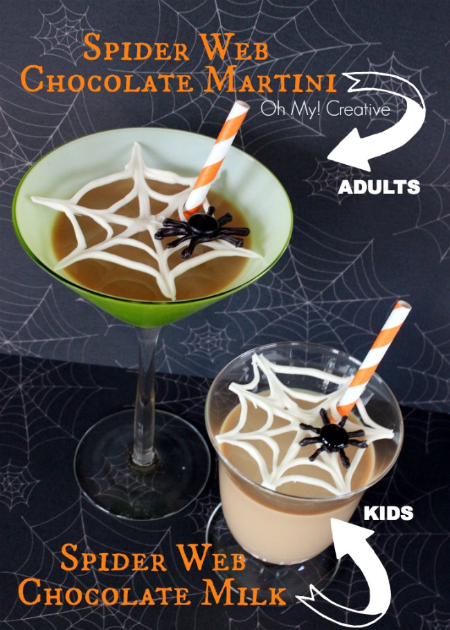 This Spider Web Chocolate Halloween Martinis will make a frightful Halloween cocktail your guest will rave about later! OHMY-CREATIVE.COM #halloweenmartinis #halloweencocktail #halloweendrinks #spiderweb #spider #halloweenpartyideas