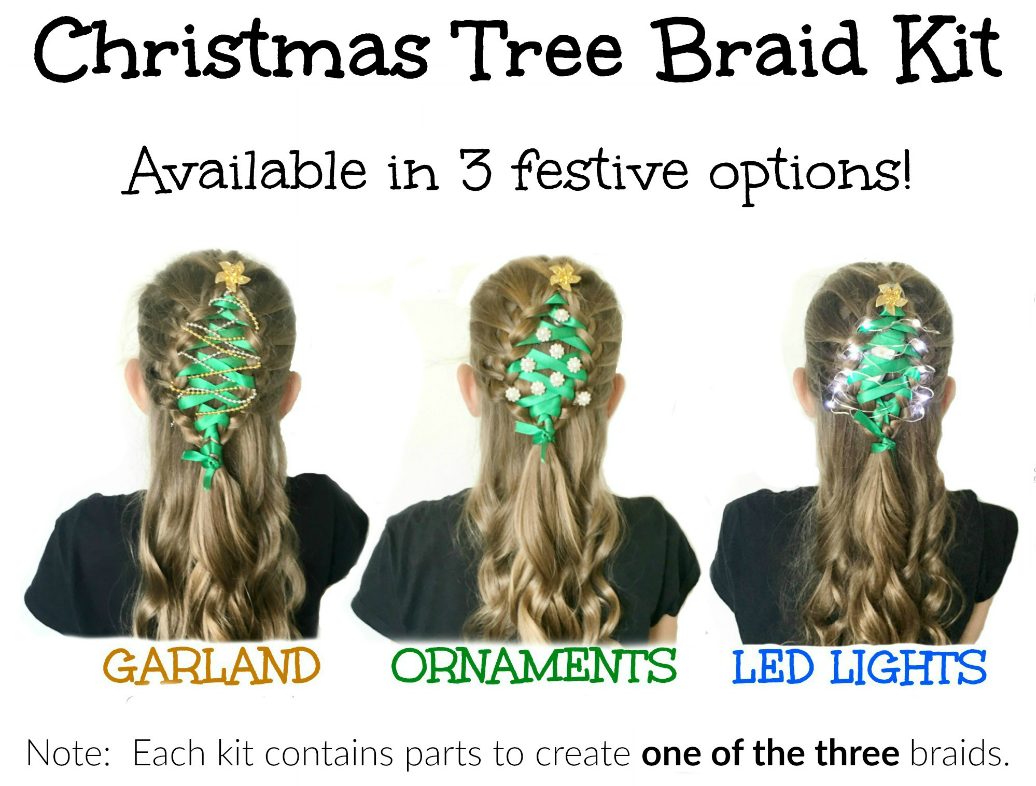 Christmas Tree Hair Braid Kits for festive Christmas hairstyles for the young and the young at heart! Great for Ugly Sweater Parties too! | OHMY-CREATIVE.COM