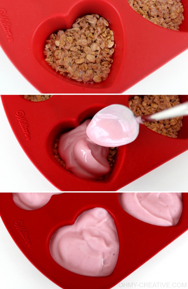 Use granola and yogurt to make these Frozen Yogurt Hearts With Granola | OHMY-CREATIVE.COM 