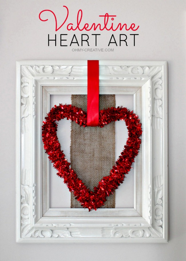 VALENTINE HEART ART made from a repurposed Goodwill frame and red foil hearts from the dollar store.