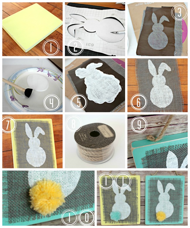 Check out our fun Easter craft! This Easy Stenciled Burlap Bunny Plaques are ideal for hanging in your home for Spring and Easter! OHMY-CREATIVE.COM #easterdecorations #easterdecor #bunny #springdecorations #springdecor #springdecorating #easter
