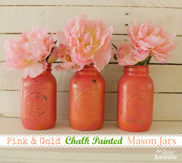 Pink-Chalk-Painted-Mason-Jars-with-Gold-Wax-at-The-Happy-Housie