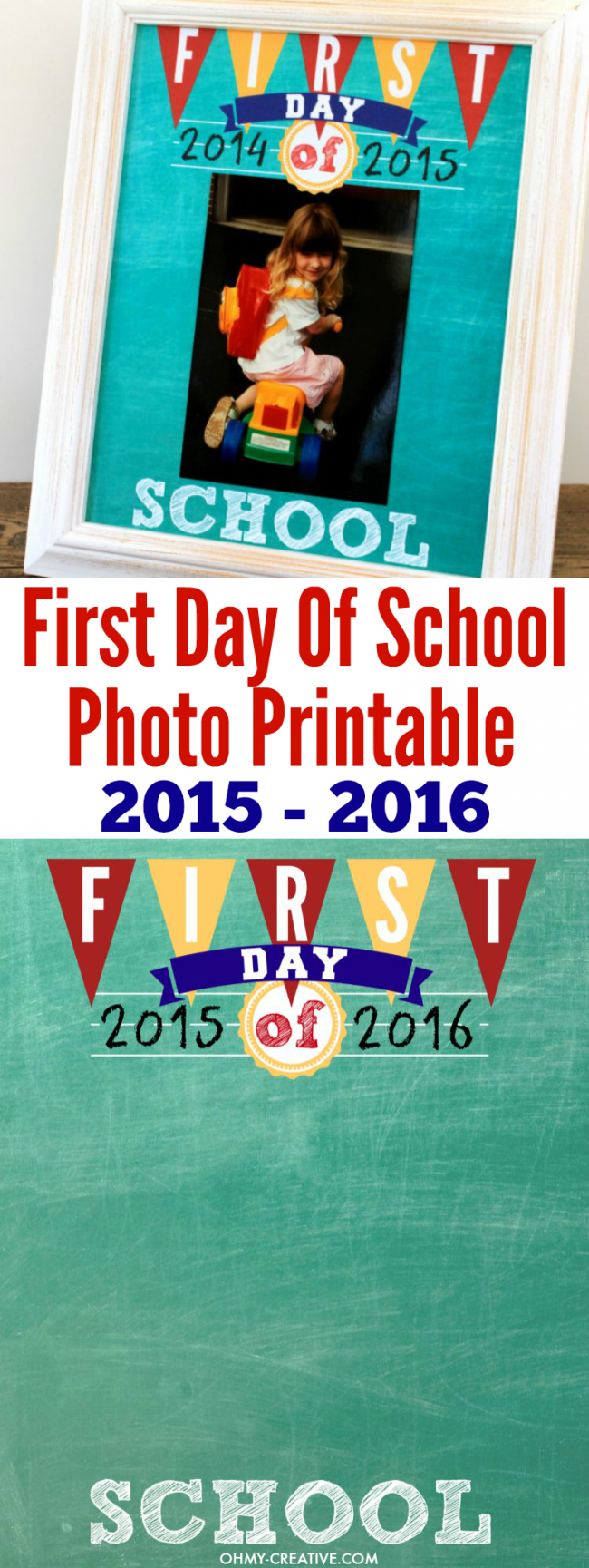 Display your kids First Day Of School Photos with this FREE Printable! Find school dates from 2014 - 2020. All years are available to print now! Can be added to a scrapbook after the school year is finished! | OHMY-CREATIVE.COM