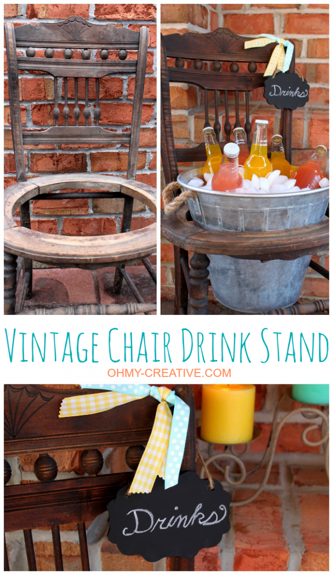 Repurpose an old vintage chair into a pretty drink stand using a galvanized bucket! Perfect for entertaining, parties or bridal showers!