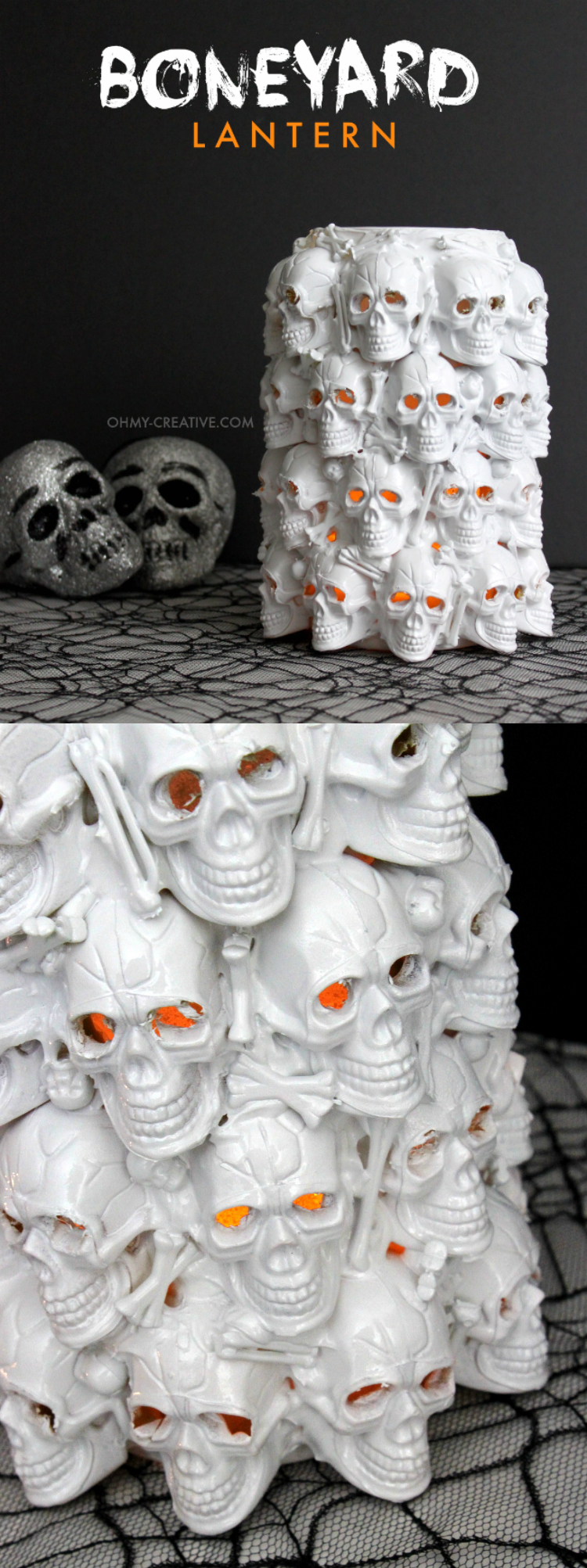 See how I made this Boneyard Lantern from plastic skulls, a dollar store necklace and a few other odd things to make this skull Pottery Barn knockoff. Absolutely one of the coolest things I have ever made!   |  OHMY-CREATIVE.COM