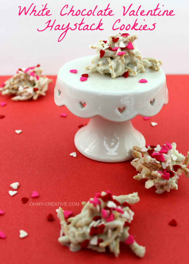 A cute Valentine's twist on a favorite cookie using sprinkles! White Chocolate Valentine Haystacks Cookies | OHMY-CREATIVE.COM 