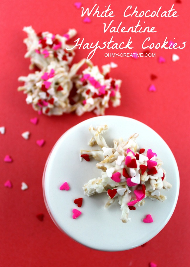 A cute Valentine's twist on a favorite cookie! White Chocolate Valentine Haystacks Cookies | OHMY-CREATIVE.COM 