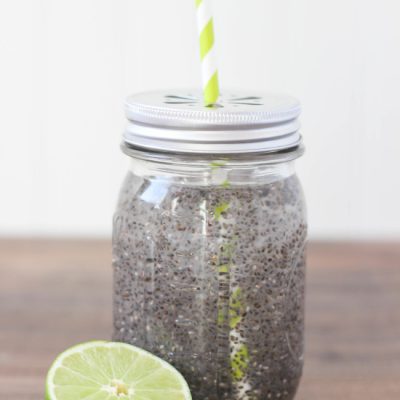 chia seed water with a slice of lime