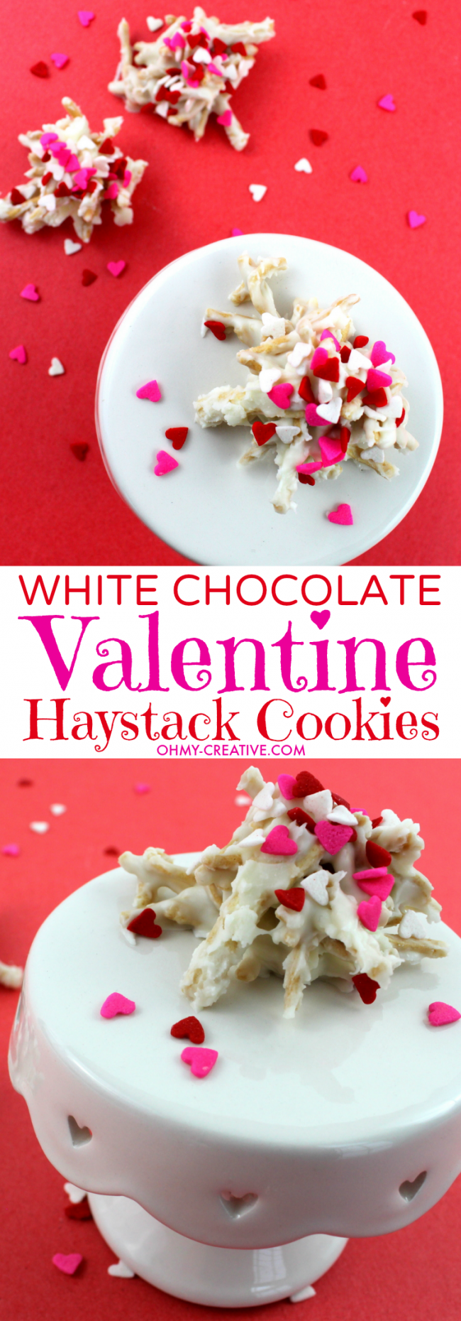 A cute Valentine's twist on a favorite cookie! White Chocolate Valentine Haystacks Cookies | OHMY-CREATIVE.COM