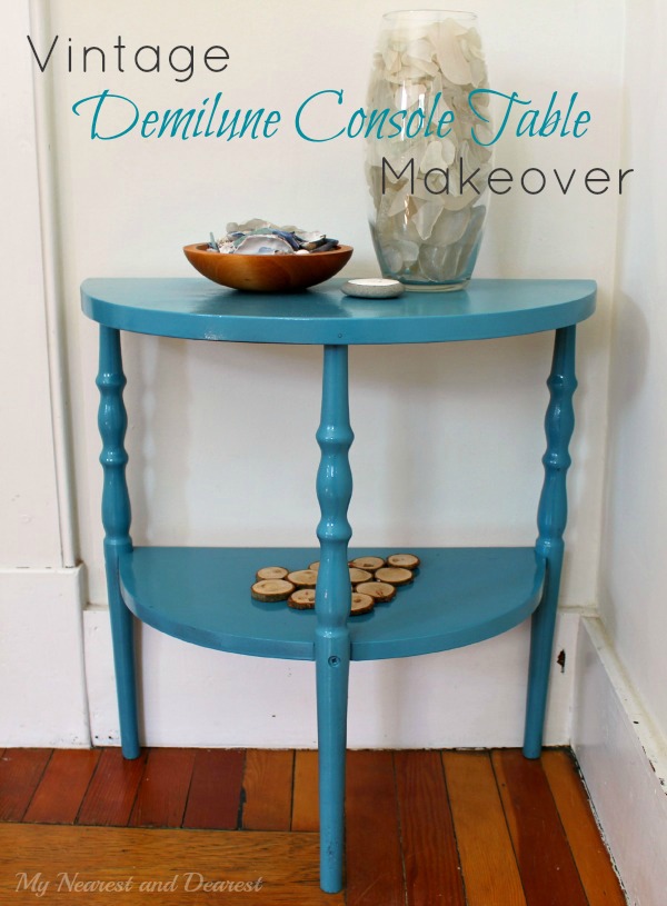 Vintage demilune console-table-makeover-with-Krylon-spray-paint.-Check-out-the-rough-shape-this-table-was-in-before