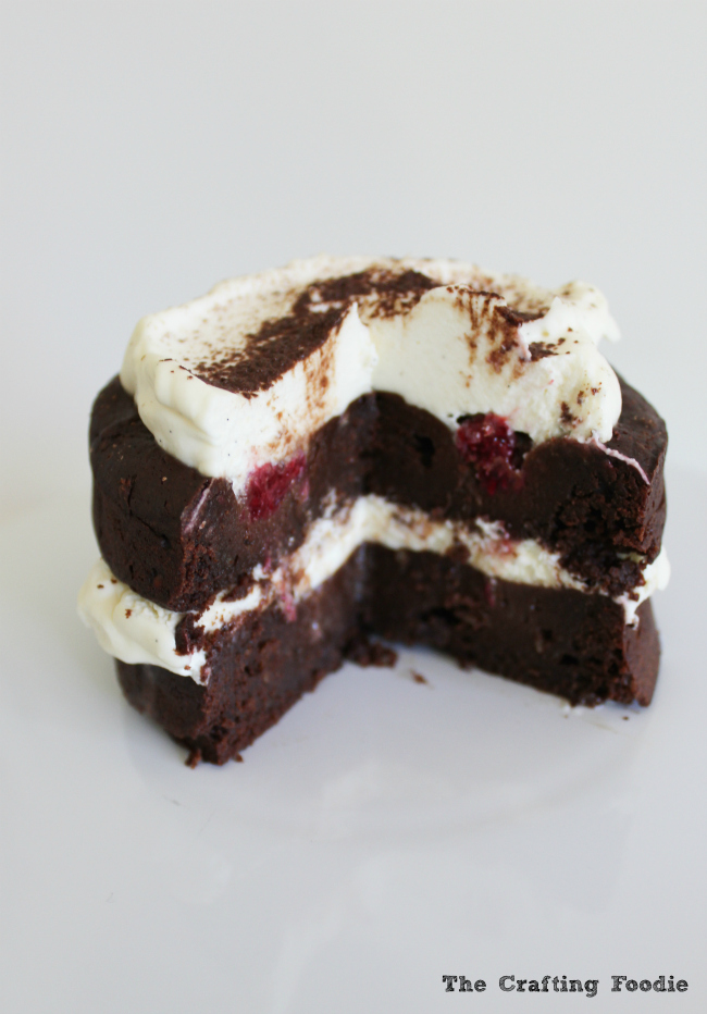 Mini-Brownie Cakes made with two, fudgy brownie layers studded with fresh raspberries and filled with lightly sweetened, fresh whipped cream. Need I say more! |The Crafting Foodie via OHMY-CREATIVE.COM