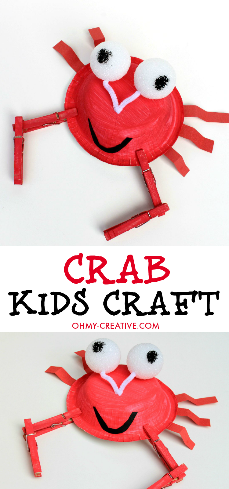 This Easy Paper Plate Crab Kids Craft is adorable for kids to make. Perfect for a summer craft on a hot afternoon, on vacation at the beach or in the classroom. Great under the sea party activity too! |  OHMY-CREATIVE.COM