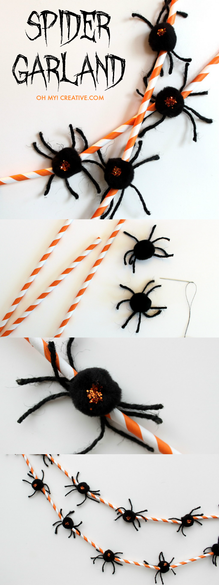 LOVE this Halloween Spider Garland made of straws, pom pom spiders and glitter - so cute for the kids to make and great to use for decorations! | OHMY-CREATIVE.COM