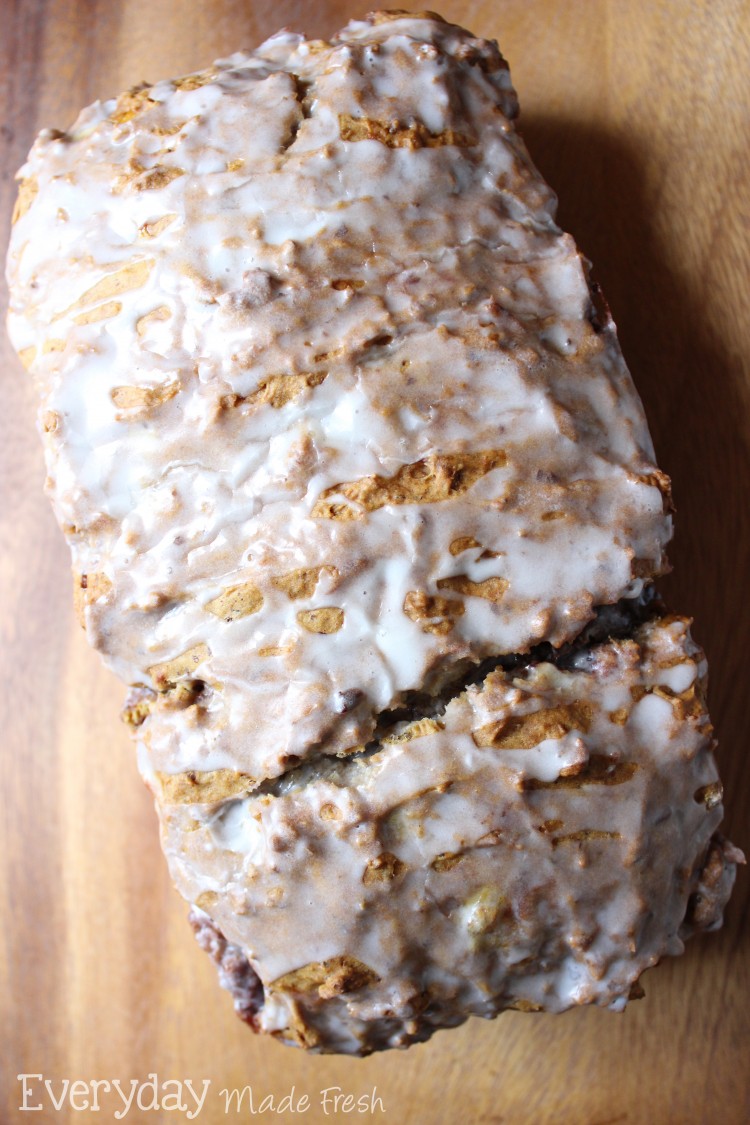 This banana bread is ready for fall with pumpkin swirled with a cinnamon mixture that you're going to love. 