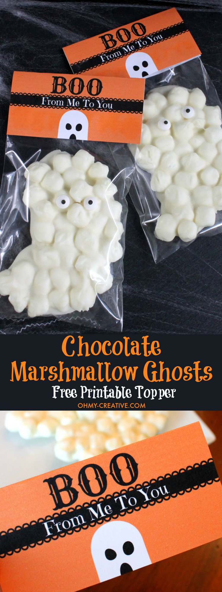 These easy to make Chocolate Marshmallow Ghost Halloween Treats are so cute to hand out to friends, classmates or to use as party favors! Plus there is a FREE Printable Boo From Me To You Bag Topper! | OHMY-CREATIVE.COM 