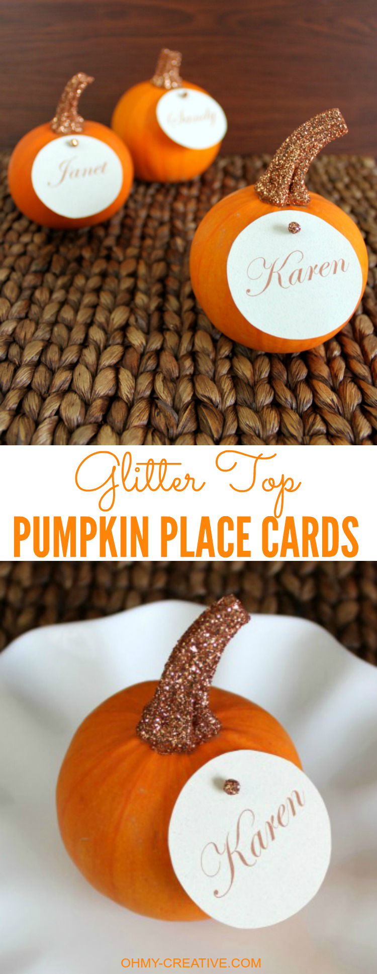 Easy to Create Glitter Top Pumpkin Place Cards for Fall or Thanksgiving entertaining | OHMY-CREATIVE.COM