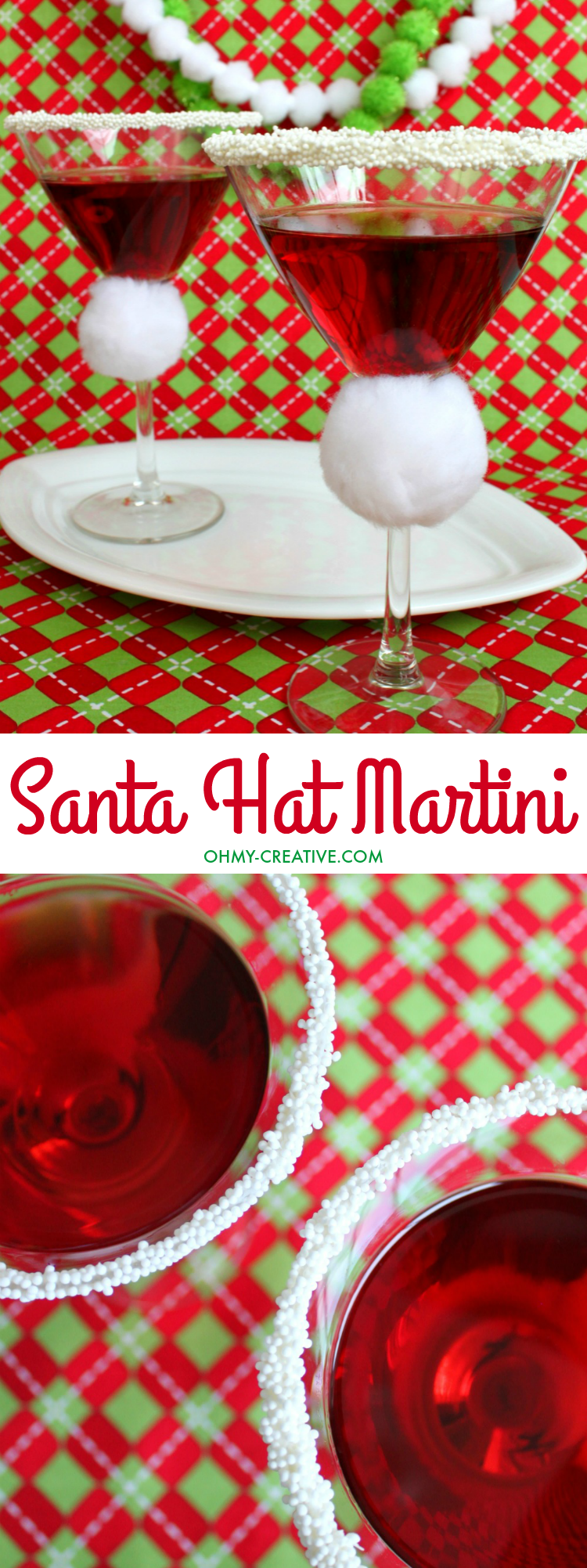 This festive Pomegranate Santa Hat Martini is so good! | OHMY-CREATIVE.COM | Pomegranate Martini | Christmas Drink | Christmas Cocktail | Pomegranate Liqueur | Vodka Martini Recipe | Pomegranate Cocktails | Christmas Cocktails