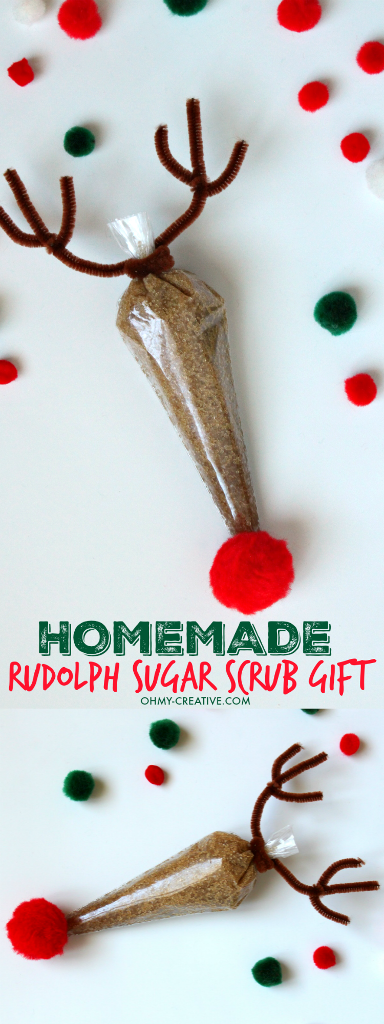 This Homemade Rudolph Sugar Scrub Gift Using Essential Oils is so easy to make and just adorable to give to so many on your Christmas shopping list! Great stocking stuffer too! | OHMY-CREATIVE.COM 