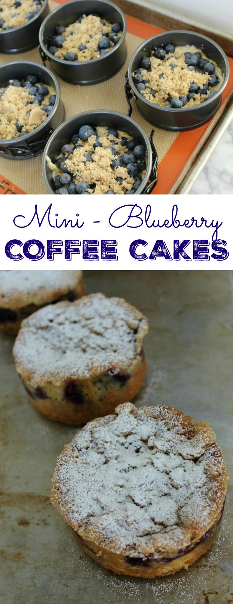 Streusel topping gives these Mini-Blueberry Breakfast Cakes a warm, cinnamon flavor and a bit of crunch. These coffee cakes are so moist and easy to make! |  OHMY-CREATIVE.COM | #blueberrycoffeecake #blueberrybreakfastcake #brunchrecipe #breakfastrecipe 