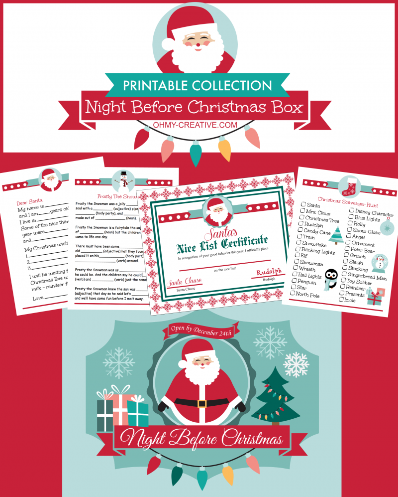 From toddlers to teens start a new family tradition on Christmas Eve with this Night Before Christmas Box Printable Collection! Includes 18 Christmas Themed activity sheets, lunch box notes, games, Santa letter, "Nice List" certificate and an adorable printable label for the Christmas Eve box! Fun for all ages! | OHMY-CREATIVE.COM