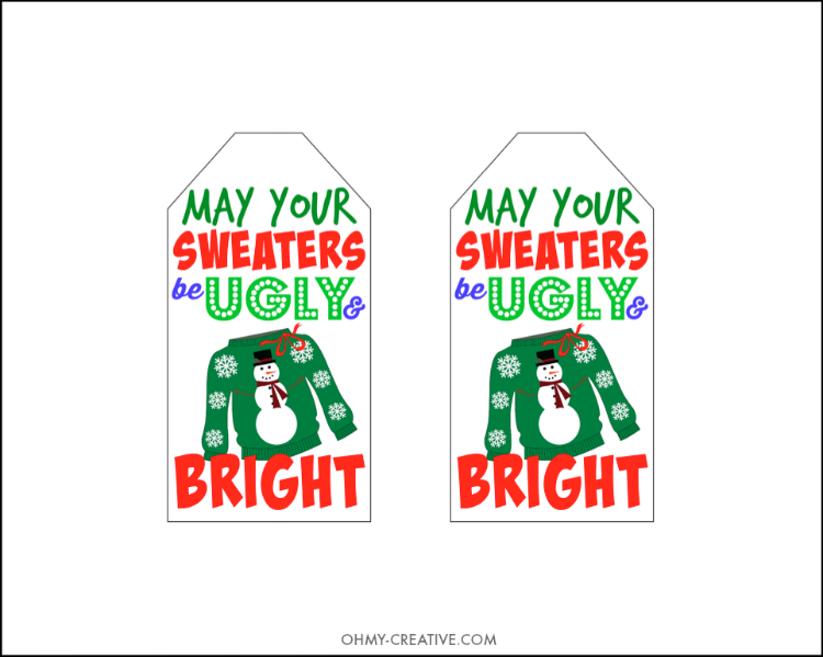 Don't show up to the Ugly Christmas Sweater Party empty handed!! Use one of these Free Ugly Sweater Gift Tag Printables for a gift for the hostess. Tie it to a bottle of wine, a gift bag or use it to style your appetizer plate! | OHMY-CREATIVE.COM