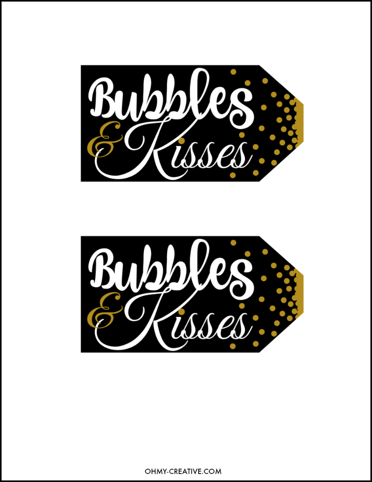 From New Year's Eve, Weddings or any celebration, grab this Bubbles and Kisses Champagne and Chocolate FREE Printable Gift Tag to add to your champagne bottle! | OHMY-CREATIVE.COM
