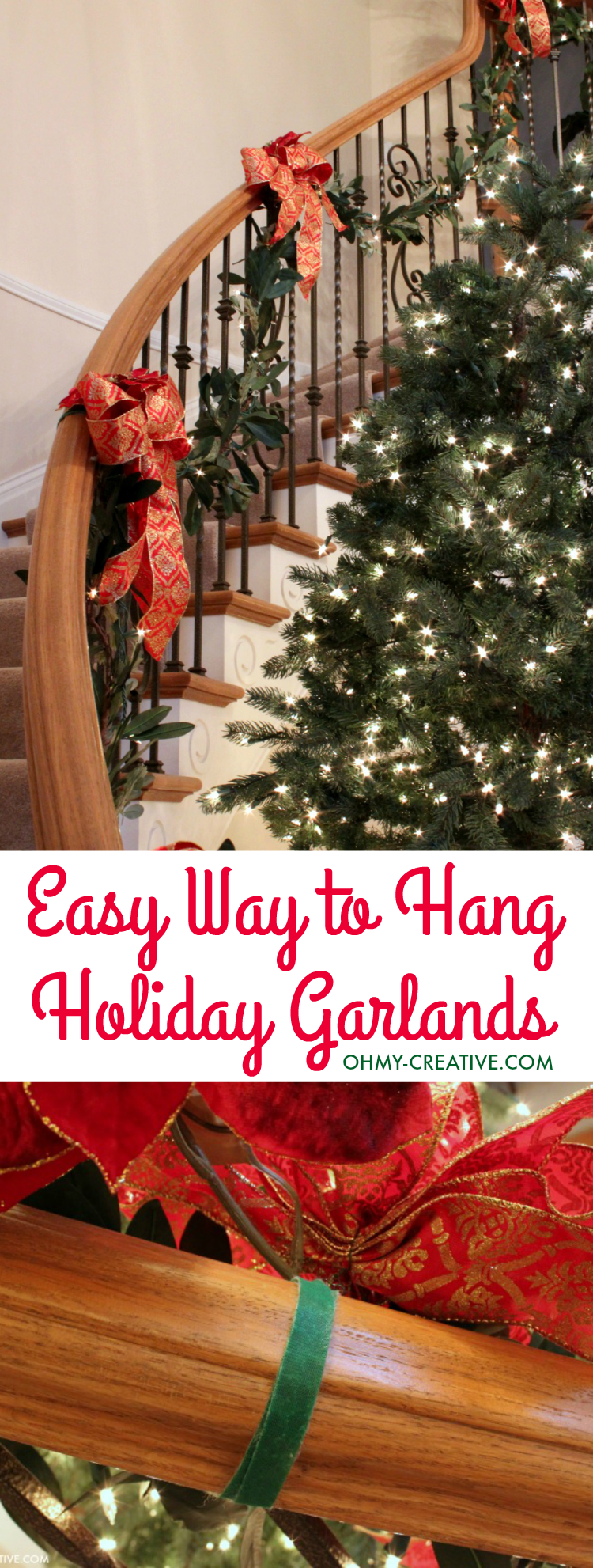 Cascading garland is a gorgeous way to decorate the staircase, but can seem to be a challenge to attach. With this quick tip, it can be so EASY to Hang Garland on Staircase Banisters | OHMY-CREATIVE.COM