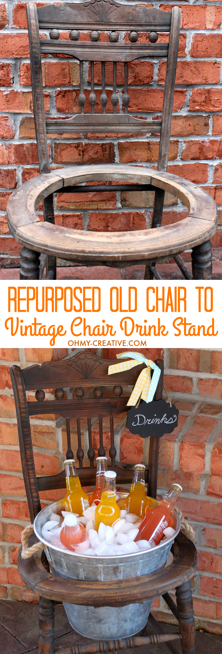 Repurpose an old vintage chair into a pretty drink stand! Perfect for entertaining, parties or bridal showers! | OHMY-CREATIVE.COM