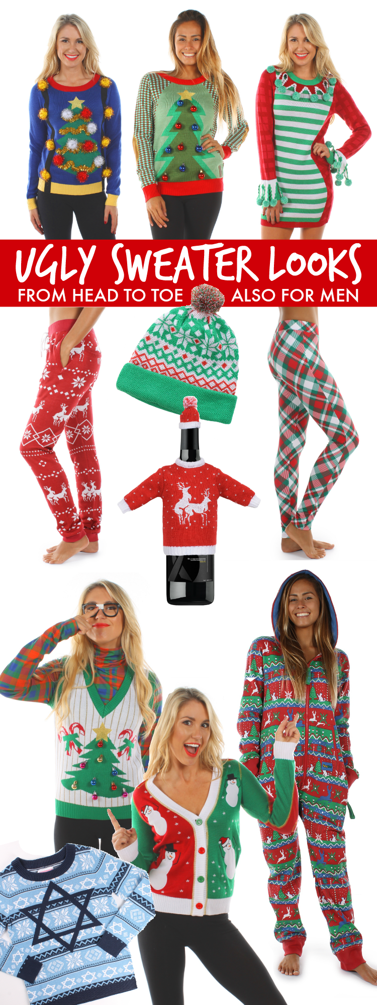 Be hot, hip and hilarious with these Ugly Christmas Sweater Party Looks from head to toe! Fun accessories too! | OHMY-CREATIVE.COM