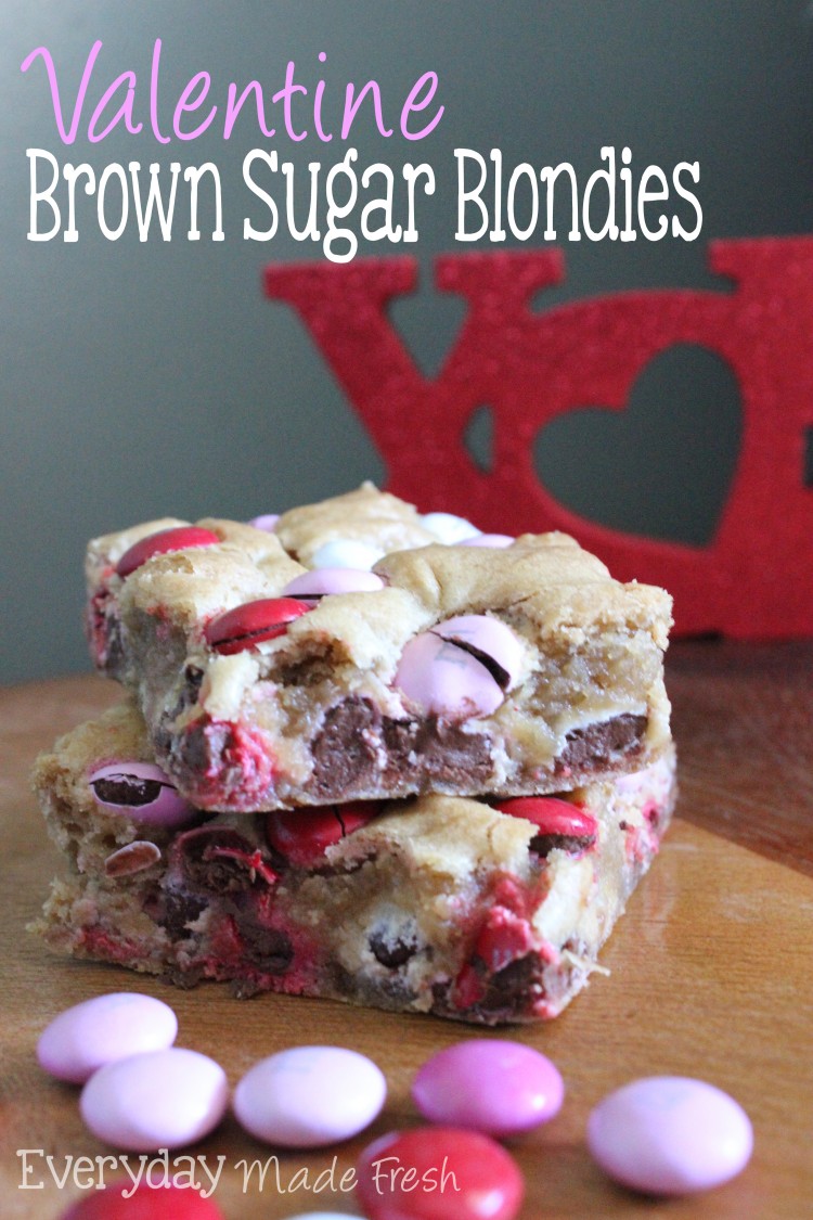 Brown Sugar Blondies are the perfect treat to serve up on Valentine's Day or any day! Soft warm hints of brown sugar and vanilla, with a pop of color from the M&M's. | OHMY-CREATIVE.COM via EverydayMadeFresh.com