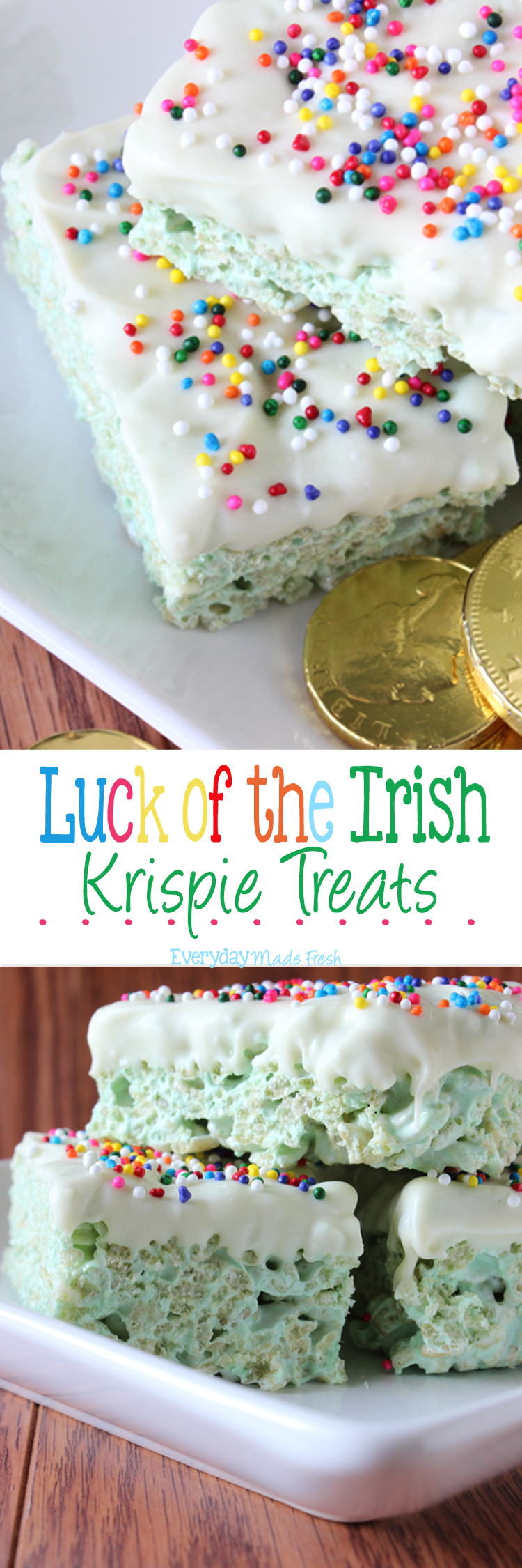 These Luck of the Irish Rice Krispie Treats are festive green and dipped in white chocolate with rainbow sprinkles! | OHMY-CREATIVE.COM via EverydayMadeFresh.com