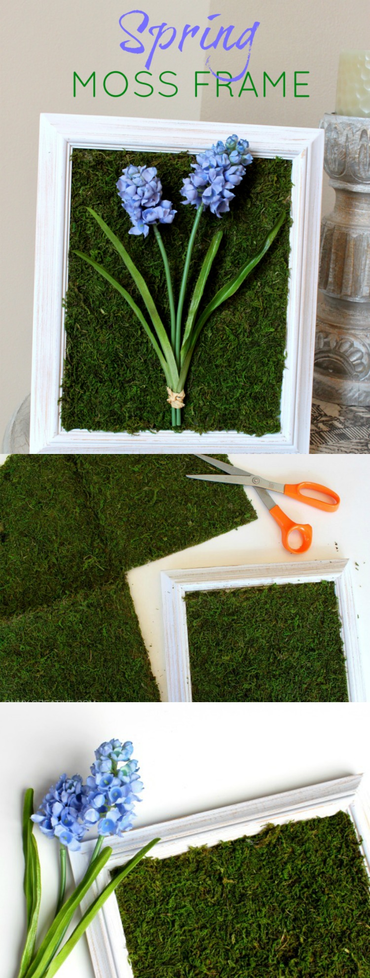 Transform a picture frame with moss mat, silk flowers and a few other craft supplies into this pretty Spring Moss Craft Frame Decor! | OHMY-CREATIVE.COM