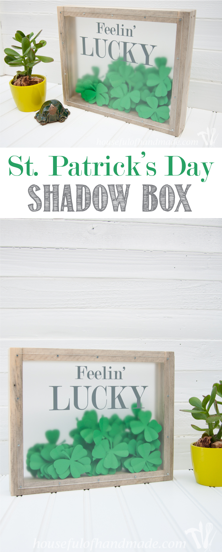 Make a beautiful shadow box full of clovers for a fun St. Patrick's Day shadow box decor idea. See if you can find the 1 4 leaf clover in the bunch. | OhMy-Creative.com