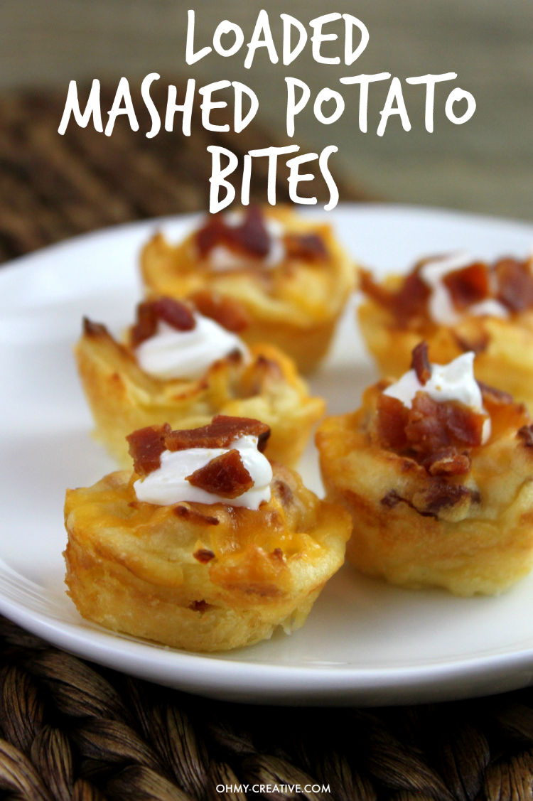 There is nothing better than an easy party appetizer! That's why I love these Cheesy Loaded Mashed Potato Bites! The perfect easy to serve bite size potato appetizer! | OHMY-CREATIVE.COM