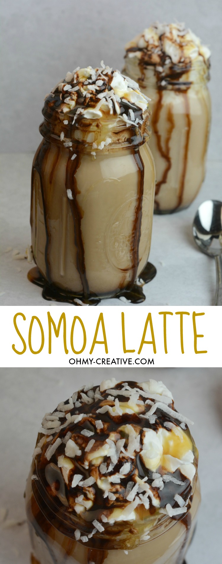 While you can only buy Girl Scout Cookies once a year you can make this amazing Somoa Latte Recipe any time! Dripping with caramel and chocolate sauces topped with whipped cream and toasted coconut, this Somoa Latte will be hard to resist! | OHMY-CREATIVE.COM