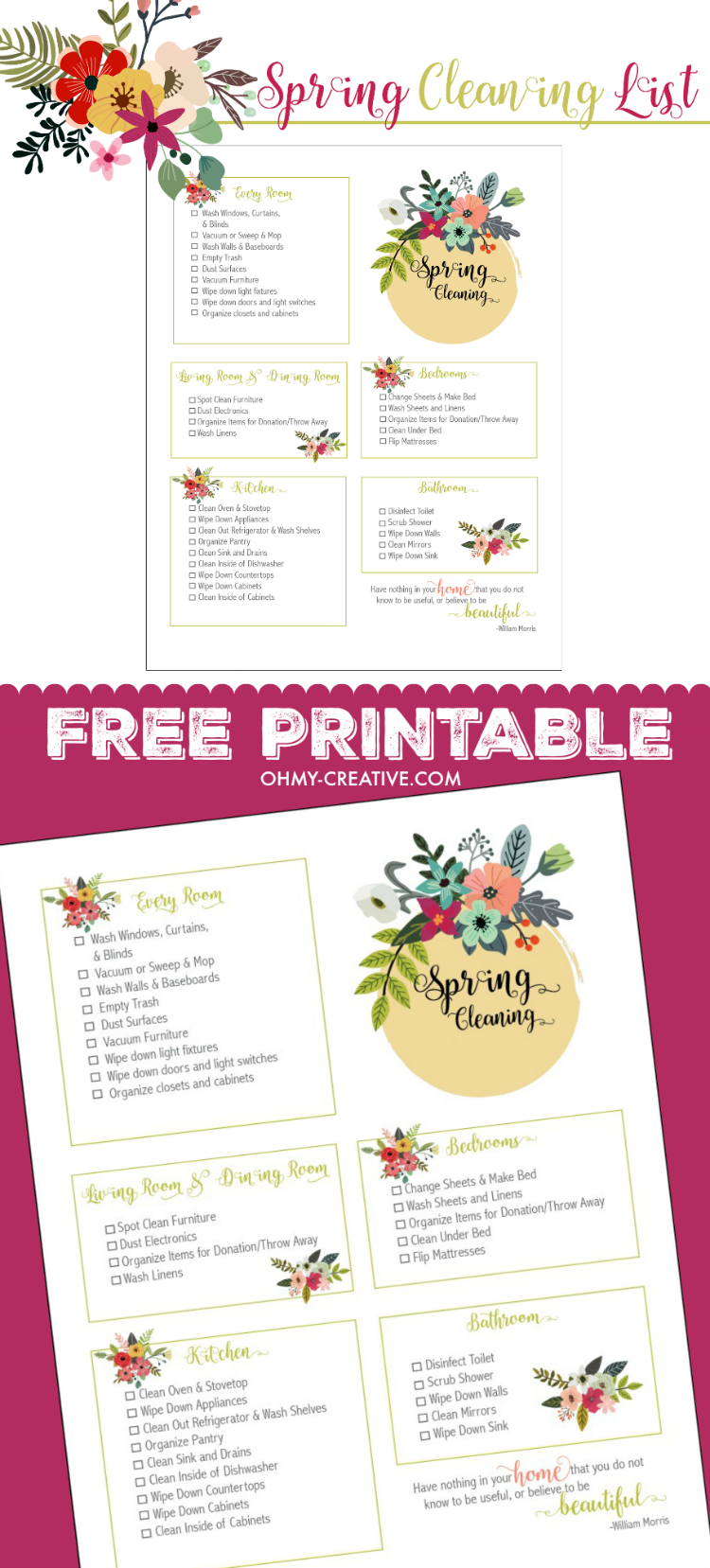 This Spring Cleaning Checklist Free Printable is a perfect way to check off and keep track of those dreaded cleaning chores. The pretty floral printable will help ease the pain of your cleaning schedule and keep you on task to make your home sparkle! | OHMY-CREATIVE.COM