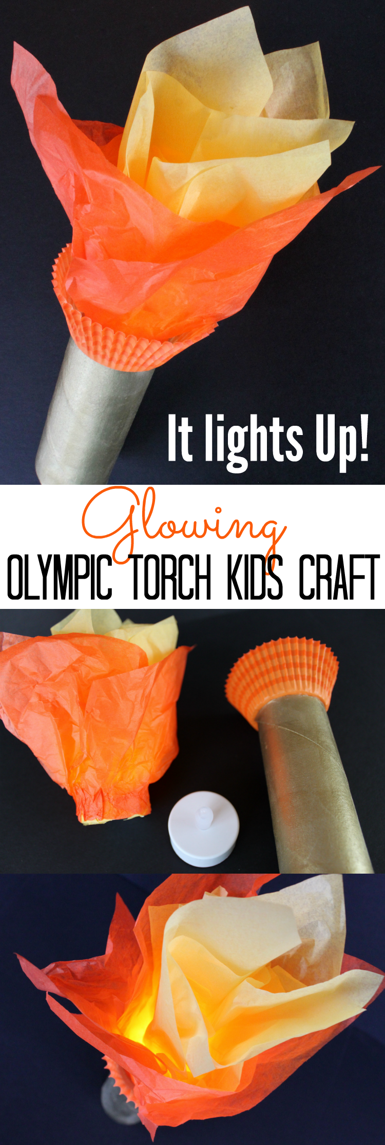 IT LIGHTS UP! Glowing Tealight Olympic Torch Kids Craft for the Summer Olympics and Winter Olympics games - A great toilet paper roll craft for kids to hold during the Olympic Opening Ceremony! | OHMY-CREATIVE.COM